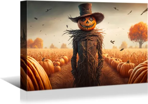 Vista 10 de YONICA Decoración de pared de calabaza de Halloween, lienzo, pósteres de pintura para decoración del hogar, arte de pared, imágenes en lienzo HD