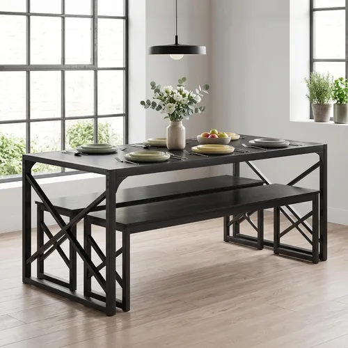 Vista 5 de VECELO Juego de mesa de comedor de cocina de 55 pulgadas para 4, marco de acero resistente y mesa de grano de madera, juegos de comedor que ahorran