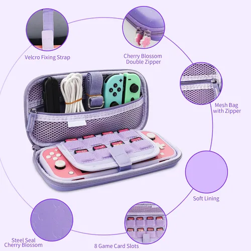 Vista 2 de GLDRAM Carrying Case for Nintendo Switch Lite, Accessories Bundle with Purple Sakura Travel Case, Soft TPU Protective Skin Cover, HD Screen