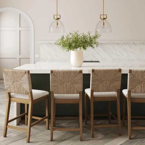 Vista 16 de Nathan James Beacon Taburete de bar bohemio con respaldo, de altura de bar, silla para isla de cocina, taburete de bar de seagrass, bouclé