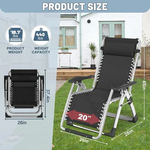 Vista 3 de Slsy Silla de gravedad cero, silla reclinable de salón con cojín y bandeja removibles para interior y exterior, silla reclinable plegable para patio