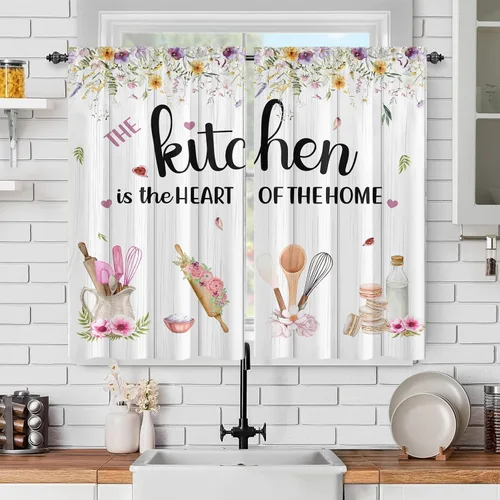 Vista 44 de Cortinas de ventana de cosecha de otoño, marco de madera rústica, cortinas florales de pacas de heno y calabaza, cenefa de cocina de Acción