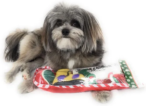 Vista 2 de Calcetín de Navidad para perros. Juguete de periódico chirriante, juguete de bota chirriante, una pelota de tenis roja, verde y blanca y una cuerda