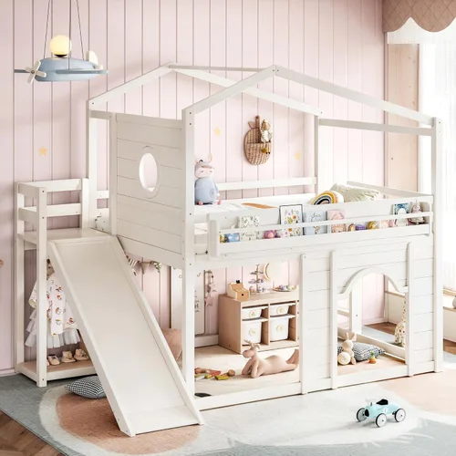 Vista 11 de Harper & Bright Designs Cama tipo loft para niños, tamaño individual, con armario y puerta arqueada, litera de casa con tobogán y estanterías