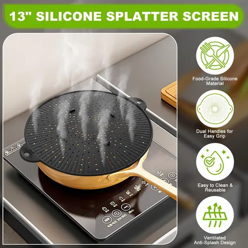 Vista 3 de Pantalla de silicona de 13" para sartén - Protector de salpicaduras de Mango resistente al calor, multiuso, protector contra salpicaduras de aceite