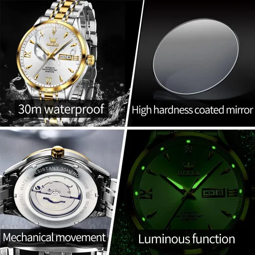 Vista 6 de OLEVS Relojes automáticos para hombre, calendario mecánico, impermeable, de acero inoxidable, luminoso, de cuerda automática, reloj de pulsera