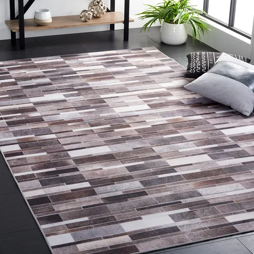 Vista 8 de SAFAVIEH Alfombra lavable de piel sintética, alfombra de pasillo de 2 pies 6 pulgadas x 8 pies, marfil y gris, antideslizante, patrón estampado