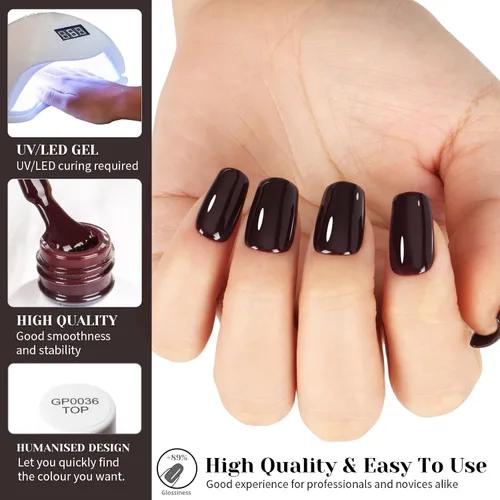 Vista 4 de Esmalte de uñas de gel marrón chocolate, 0.5 onzas líquidas, UV/LED, para otoño e invierno, colores oscuros, negro, café, kit de esmalte en gel