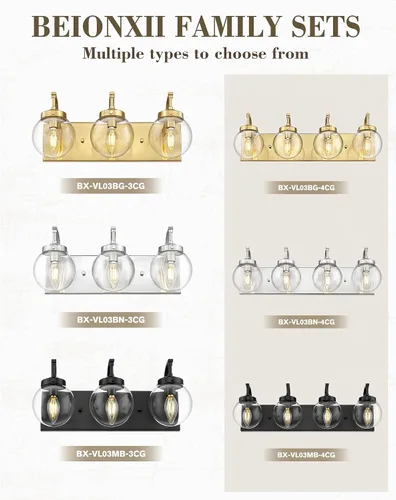 Vista 9 de Beionxii BX-VL03BG-3CG - Lámpara de tocador de baño de 3 luces de oro cepillado, modernas luces de tocador con pantalla de vidrio transparente