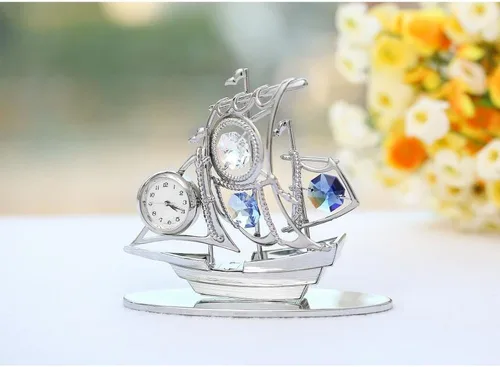 Vista 4 de Matashi Adorno de reloj de vela plateado cromado con cristales azules, elegante reloj de mesa para sala de estar o hogar, regalo de recuerdo
