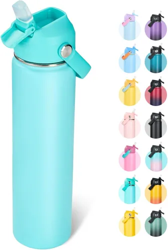 Vista 17 de Fijinhom Botella de agua aislada de acero inoxidable de 18 oz, de boca ancha, de doble pared, con vacío, con pajita de silicona, a prueba de sudor