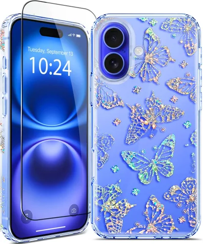 Vista 16 de Funda para iPhone 16, con protector de pantalla, linda para mujeres y niñas, funda protectora de grado militar de 10 pies para iPhone 16, funda