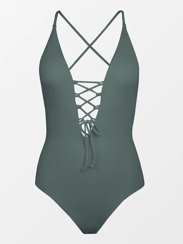 Vista 5 de CUPSHE Traje de baño de una pieza con cordones, cuello en V y color liso para mujer