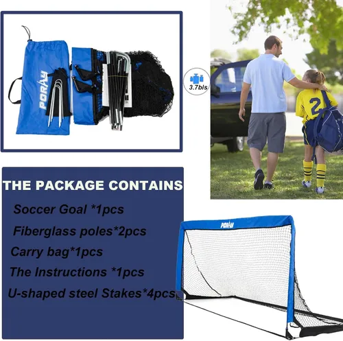 Vista 3 de Portería de fútbol portátil de Poray con red emergente para niños y adultos con tela Oxford de 210D y estacas extra, regalo de cumpleaños