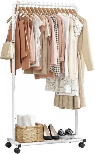 Vista 4 de Sakugi Perchero de Ropa - Perchero de ropa con estante de malla de almacenamiento y ruedas, perchero de metal resistente para colgar ropa, vestidos