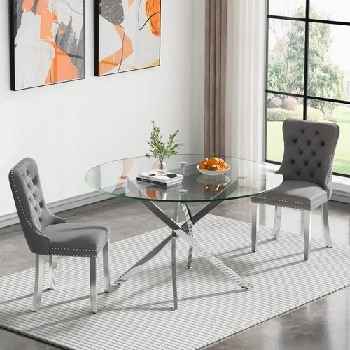 Vista 53 de Juego de mesa de comedor SSLine moderno de 3 piezas con mesa redonda de vidrio para 2, lujosa mesa de comedor circular de 36" con tapa de vidrio