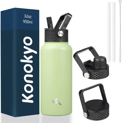 Vista 120 de Konokyo - Botella de agua aislada de 18 onzas, botellas deportivas de acero inoxidable con 3 tapas, verde militar