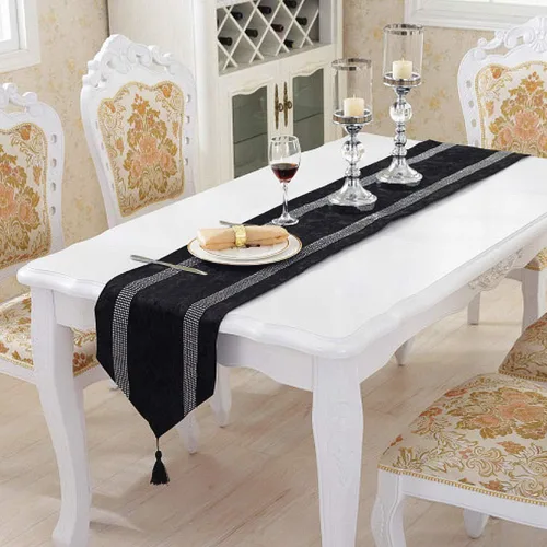 Vista 5 de Jiino Camino de mesa de 13x72 pulgadas, negro, con lentejuelas y strass, para decoración de mesa de comedor, 33x180cm