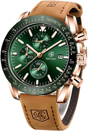 Vista 8 de BENYAR - Relojes para hombre, cronógrafo de cuarzo, marca de lujo, impermeable, relojes de pulsera de cuero marrón a la moda para hombres