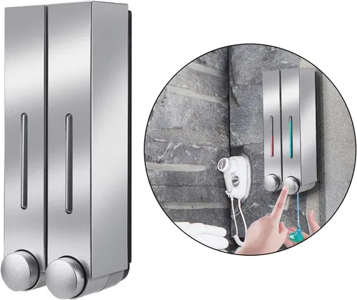 Vista 3 de Dispensador de jabón montado en la pared, loción de ducha, champú y gel Cotainer para baño, inodoro, oficina, cafetería, restaurante, hotel, triple
