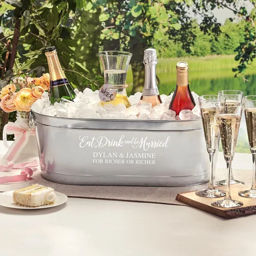 Vista 8 de Let's Make Memories Bañera de bebidas personalizada con soporte, para bodas, recién casados, tina de metal galvanizado, enfriador de bebidas, 5.5