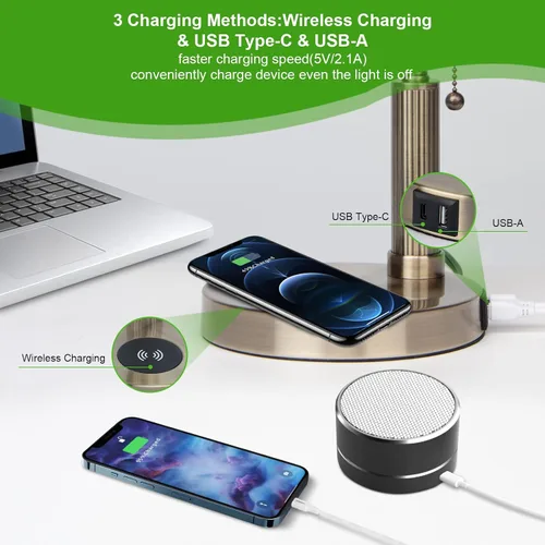 Vista 2 de FIRVRE Lámpara de Escritorio de Banco de Vidrio con Puerto de Carga Inalámbrica USB Lámpara de Escritorio LED Lámpara de Mesa con Cadena de Tirón