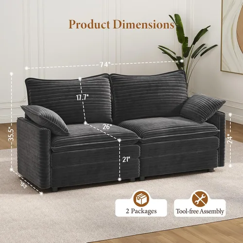 Vista 2 de Vesgantti 74" Cloud Couch for Living Room, 2 Seaters Deep Seat Sectional Modular Sofa, Double Cushion Corduroy Small Sofas Living Room Couches for