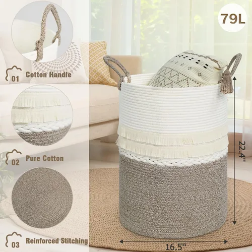 Vista 2 de Cesta grande de 79 L para ropa sucia, cesta tejida de algodón con asas, cesta de almacenamiento para ropa sucia en el baño, cesta decorativa