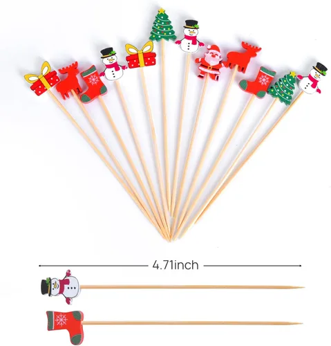 Vista 2 de JtmyAota 100 unidades de palillos de dientes de Navidad para aperitivos, palillos de cóctel de bambú natural de 4.7 pulgadas para decoración