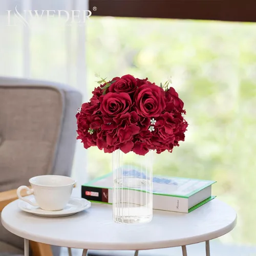 Vista 4 de Bolas de flores burdeos para centros de mesa: 11.8 pulgadas de diámetro, juego de 6