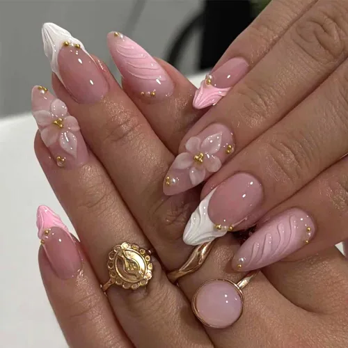 Vista 15 de Uñas postizas a presión de almendra, uñas postizas medianas con diseños de estampado francés de lámina dorada 3D, pegamento dorado Starlight en uñas