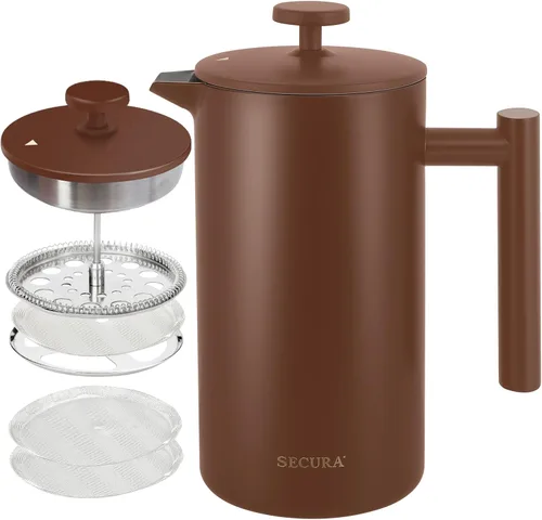 Vista 13 de Secura Cafetera de prensa francesa con filtro de acero inoxidable de 3 capas, 34 onzas, negro, diseño aislado de doble pared con 2 filtros