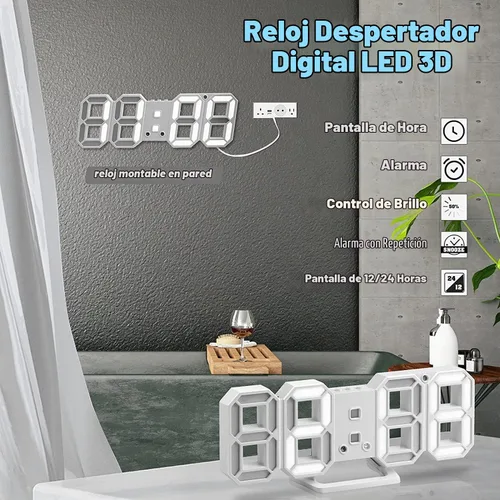Vista 2 de Reloj despertador de pared digital LED 3D, 9.5 pulgadas, 3 brillos de 12/24 horas, color blanco