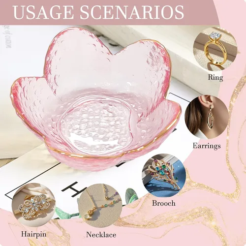 Vista 6 de Regalos para mujeres, plato para baratijas con flores, plato para joyería de vidrio rosa, soporte para anillos, bandeja de joyería, decoración