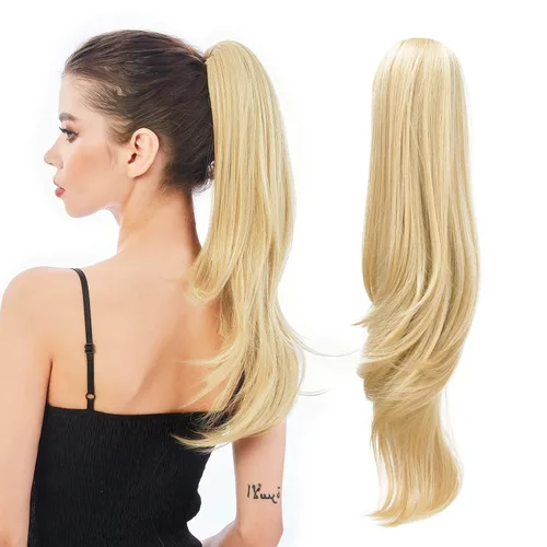 Vista 20 de Extensión de Cola de Caballo, Extensión de Cabello con Garra Larga de 20", Piezas de Cabello Sintético Ondulado Liso con Clip en Peluca de Cola