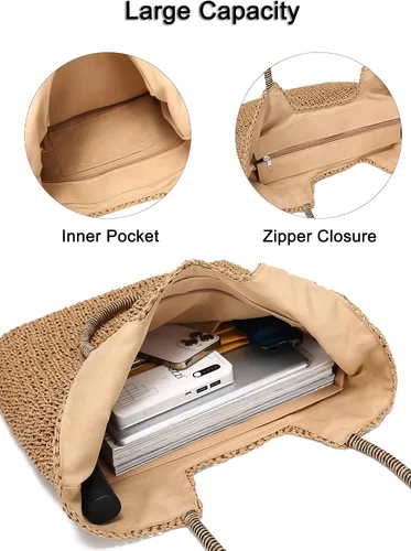 Vista 5 de Rejolly Bolso de mano de paja para mujer, para playa, verano, vacaciones, estilo bohemio, de ratán, bolso grande de hombro tejido