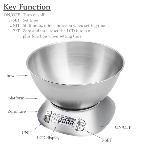 Vista 3 de Báscula digital de cocina con cuenco extraíble de 2.5 L, báscula electrónica de alimentos de acero inoxidable para cocinar hornear, temperatura