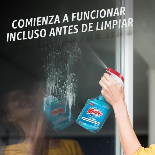 Vista 4 de Windex Spray limpiador de vidrio y ventanas, botella hecha de plástico 100% reciclado, espray de limpieza de superficies, aroma azul original, 23
