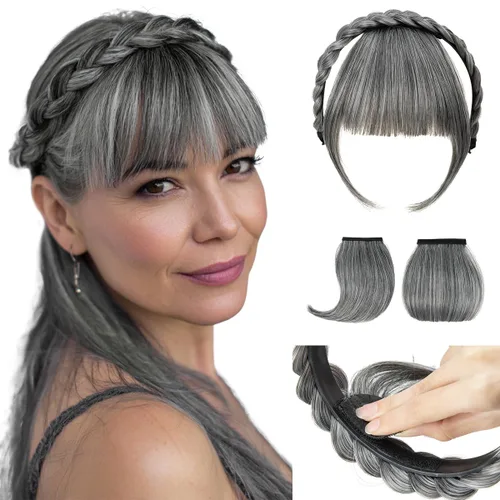 Vista 13 de SARLA Diadema trenzada con 3 flequillos desmontables con clips, extensiones de cabello con flequillo para mujer, banda de cabello sintética falsa
