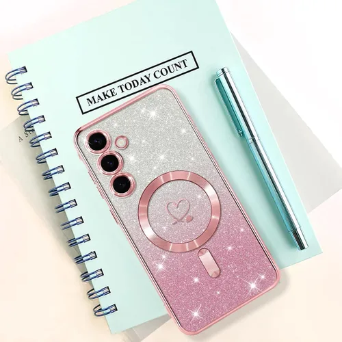 Vista 697 de Bonoma - Funda compatible con Samsung Galaxy S21 Plus, diseño de corazón con purpurina, color rosa Support for MagSafe, Plating Magnetic Case TPU