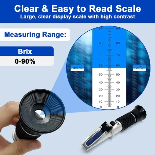 Vista 2 de Refractómetro Brix 0-90% con ATC, probador de azúcar precalibrado listo para usar, medidor óptico universal para miel, jarabe de arce, melaza