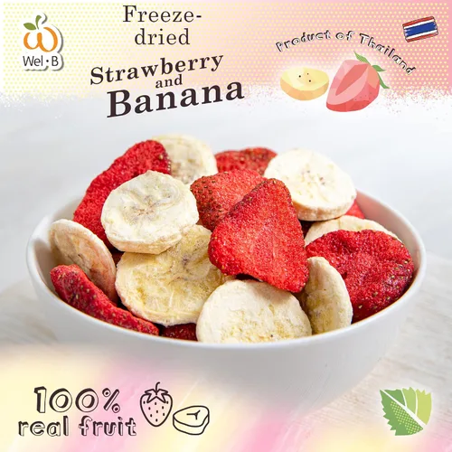 Vista 2 de Wel-B Bocadillos de frutas liofilizadas, fresas frescas y plátanos liofilizados para obtener una textura saludable y crujiente mientras conservan