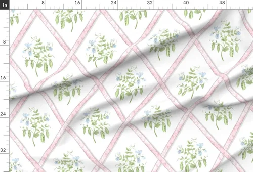 Vista 2 de Spoonflower Tela - Cintas de enrejado rosa planta de guisante azul verde Grandmillenial impreso en tela de gasa Fat Quarter - Costura de ropa