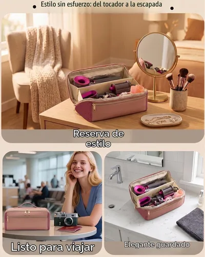 Vista 6 de BAGCRAZY Bolsa de viaje para herramientas para el cabello con alfombrilla resistente al calor, funda organizadora de herramientas para cabello Rosa