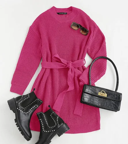 Vista 5 de ZESICA Women's 2023 Fall Long Sleeve Solid Color Waffle Knitted Tie Wasit Tunic Pullover Sweater Dress
