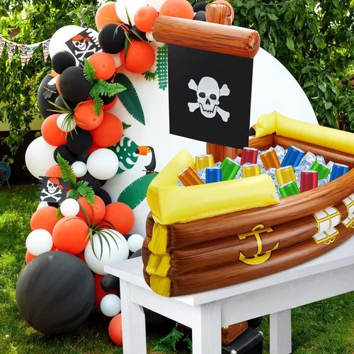 Vista 4 de Cunhill Enfriador hinchable de barco pirata de Halloween, enfriador hinchable para decoración de fiesta de cumpleaños Gasparilla, suministros