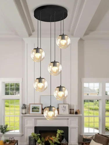 Vista 63 de ykolupty Lámpara colgante negra de 1 luz moderna de globo de vidrio gris ahumado, luces colgantes para isla de cocina, luces colgantes ajustables