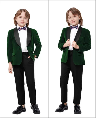Vista 6 de MAGE MALE Traje de terciopelo de 3 piezas para niños, conjunto de chaqueta de varios colores para boda, graduación, fiesta, esmoquin con tirantes