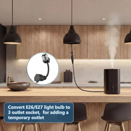 Vista 5 de Feekoon 1 paquete de adaptador de enchufe de luz de 3 salidas, convertir enchufe de bombilla E26/E27 a enchufe de 3 clavijas con cable de extensión