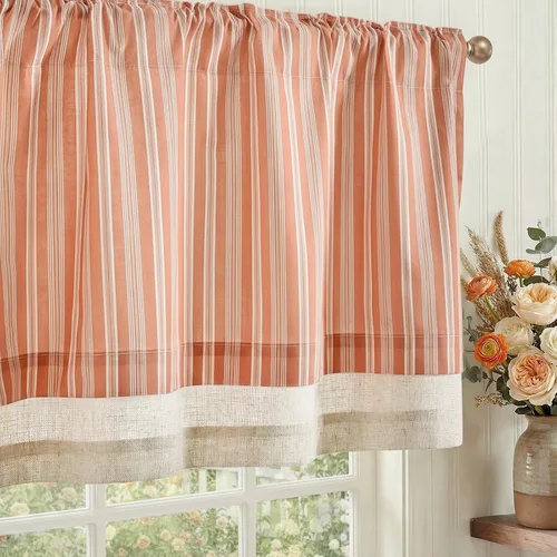 Vista 15 de jinchan Cenefa de Lino a Rayas para Ventanas de 16 Pulgadas Cortinas Opacas para Ventana Pequeña Estilo Granja Cenefa de Doble Capa para Sala